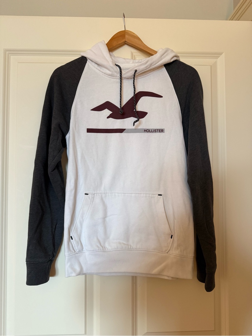 Hollister White & Charcoal Hooded Sweatshirt with Maroon Logo
